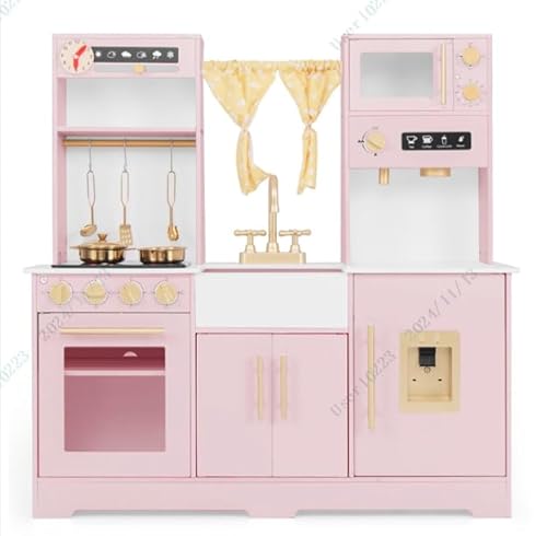COSTWAY Kinderküche aus Holz, Spielküche mit Licht und Sound, Kinder Küche mit Spüle, Wasserhahn, Herd, Wasserspender, Mikrowelle, Spielzeugküche mit Zubehör für Kinder ab 3 Jahren (Rosa) von COSTWAY