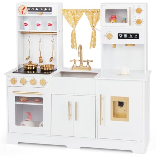 COSTWAY Kinderküche aus Holz, Spielküche mit Licht und Sound, Kinder Küche mit Spüle, Wasserhahn, Herd, Wasserspender, Mikrowelle, Spielzeugküche mit Zubehör für Kinder ab 3 Jahren (Weiß) von COSTWAY
