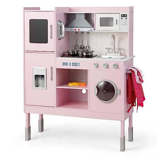 COSTWAY Kinderküche mit 16 Spielzubehör, Spielküche Holz inkl. Dunstabzugshaube & Eismaschine & Telefon & Waschmaschine & Mikrowelle, Spielzeugküche für Kinder ab 2 Jahre, Rosa (83 x 29 x 103 cm) von COSTWAY