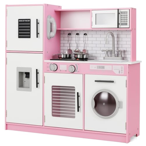 COSTWAY Kinderküche mit Licht und Sound, Spielküchen Holz mit Ofen Mikrowelle Telefon Wasserspender, Spielzeugküche inkl. Küchenzubehör für Jungen und Mädchen ab 3 Jahren (Rosa) von COSTWAY