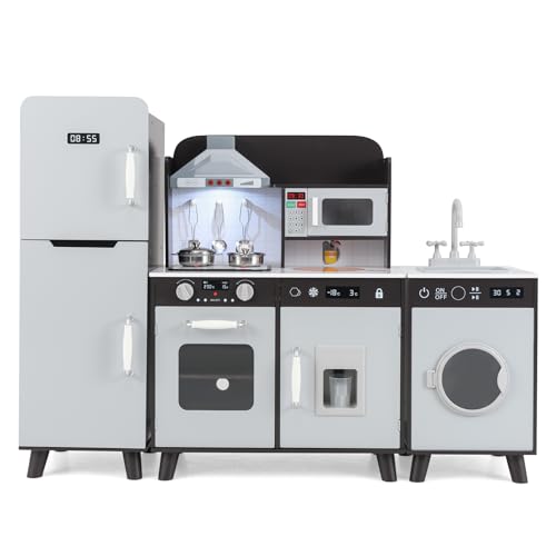 COSTWAY Kinderküche mit Zubehör, 3 in 1 Kinder Küche Holz mit Kühlschrank & Waschmaschine & Mikrowelle, inkl. Herd Spüle Ofen, Spielküche mit Licht und Sound für ab 3 Jahren (Braun) von COSTWAY