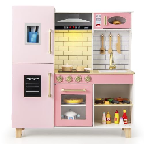 COSTWAY Kinderküche mit Zubehör, Kinder Küche mit Eismaschine & Dunstabzugshaube & Tafel & Grill & Backofen, Spielküche mit Licht & Sound， Holzküche für Kinder ab 3 Jahren von COSTWAY