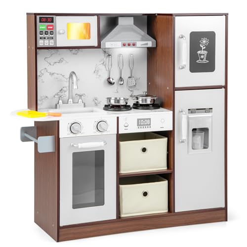 COSTWAY Kinderküche, Spielküche mit Licht & Sound, Holzküche inkl. Zubehör Spüle Dunstabzugshaube Mikrowelle Eismaschine Tafel, Spielzeugküche für Kinder ab 3 Jahre (Normal) von COSTWAY