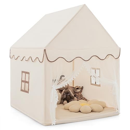 COSTWAY Kinderspielhaus Kinderzelt Spielhaus Prinzess Prinzessin, Kinderspielzelt Stoffzelt mit Massivholzrahmen & Baumwolldecke, Kinderspielburg für Jungen Märchen 120x105x140cm, Beige von COSTWAY