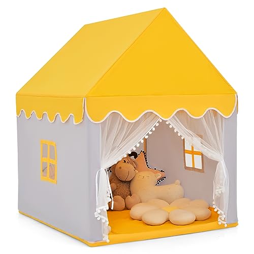 COSTWAY Kinderspielhaus Kinderzelt Spielhaus Prinzessin Kinderspielzelt Stoffzelt mit Massivholzrahmen und Baumwolldecke Kinderspielburg für Jungen Märchen 120 x 105 x 140 cm Gelb von COSTWAY