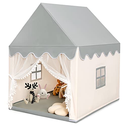 COSTWAY Kinderspielhaus Kinderzelt Spielhaus Prinzess Prinzessin, Kinderspielzelt Stoffzelt mit Massivholzrahmen & Baumwolldecke, Kinderspielburg für Jungen Märchen 120x105x140cm (Beige+Grau) von COSTWAY