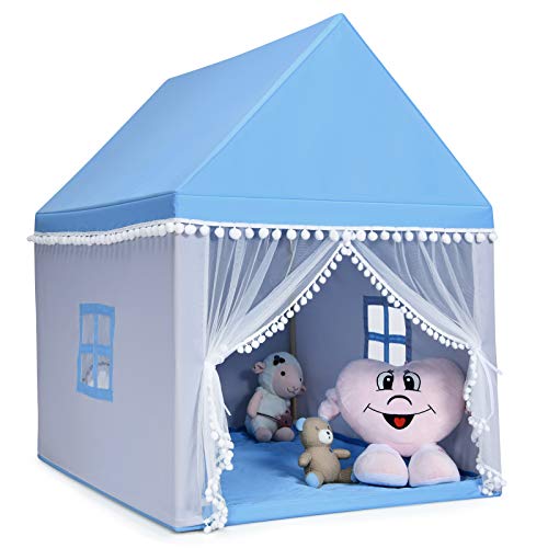 COSTWAY Kinderspielhaus Kinderzelt Spielhaus Prinzess Prinzessin, Kinderspielzelt Stoffzelt mit Massivholzrahmen & Baumwolldecke, Kinderspielburg für Jungen Märchen 120x105x140cm (Blau) von COSTWAY