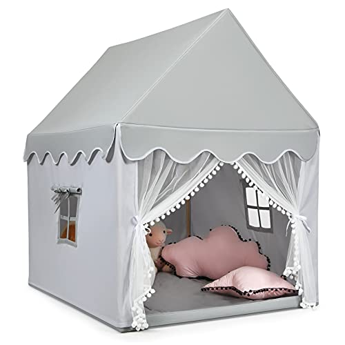 COSTWAY Kinderspielhaus Kinderzelt Spielhaus Prinzess Prinzessin, Kinderspielzelt Stoffzelt mit Massivholzrahmen & Baumwolldecke, Kinderspielburg für Jungen Märchen 120x105x140cm (Grau) von COSTWAY