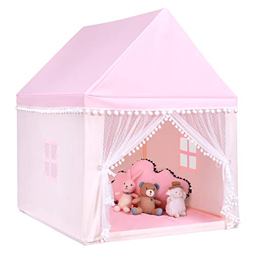 COSTWAY Kinderspielhaus Kinderzelt Spielhaus Prinzess Prinzessin, Kinderspielzelt Stoffzelt mit Massivholzrahmen & Baumwolldecke, Kinderspielburg für Jungen Märchen 120x105x140cm (Rosa) von COSTWAY