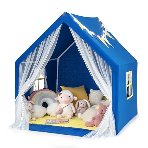 COSTWAY Kinderspielhaus mit Sternenlichtern, Prinzessin Prinzess Kinderzelt mit Fenster & Matte & bunten Flaggen, Spielzelt mit doppeltem Vorhang, Kinderspielzelt Spielhaus für Jungen Märchen (Blau) von COSTWAY