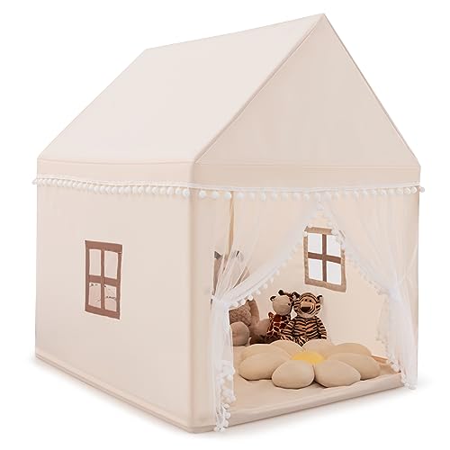 COSTWAY Kinderzelt Indoor, Kinderspielhaus für Jungen Mädchen Prinzess Prinzessin, Kinderspielzelt mit Massivholzrahmen & Baumwolldecke, Kinder Spielhaus für Drinnen, 120x105x140cm (Beige+Braun) von COSTWAY