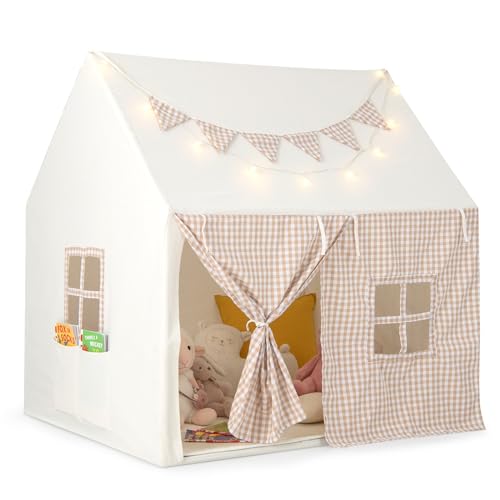 COSTWAY Kinderzelt für Drinnen, Kinder Spielhaus mit Matte & Lichtern, Kinderspielzelt mit Flaggenbanner & Fenstern, Spielzelt für Jungen & Mädchen 3-8 Jahren, Beige von COSTWAY