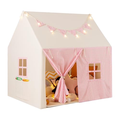 COSTWAY Kinderzelt für Drinnen, Kinder Spielhaus mit Matte & Lichtern, Kinderspielzelt mit Flaggenbanner & Fenstern, Spielzelt für Jungen & Mädchen ab 3 Jahren (Rosa) von COSTWAY
