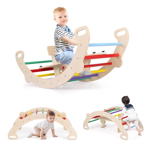 COSTWAY Kletterbogen, mit abnehmbarem Sitz, 4 in 1 Klettergerüst Indoor zum Wippen, Schaukeln, Klettern und Krabbeln, Kletterdreieck Holz, Bogenwippe für Kinder ab 1 Jahre, Sitzhöhe 23,5cm (Bunt) von COSTWAY
