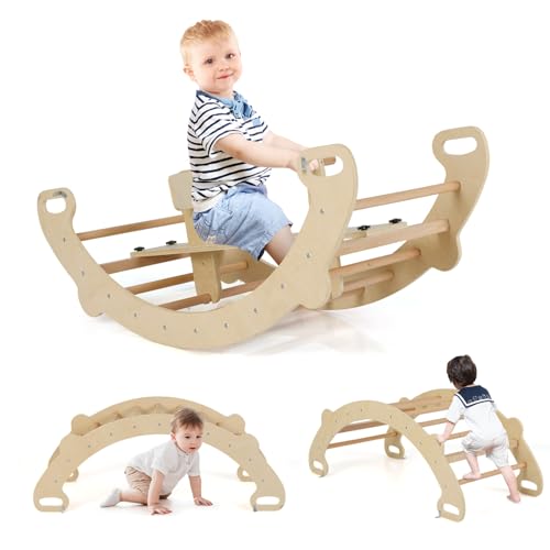 COSTWAY Kletterbogen, mit abnehmbarem Sitz, 4 in 1 Klettergerüst Indoor zum Wippen, Schaukeln, Klettern und Krabbeln, Kletterdreieck Holz, Bogenwippe für Kinder ab 1 Jahre, Sitzhöhe 23,5cm (Natur) von COSTWAY