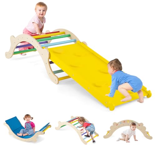 COSTWAY Kletterbogen mit Kissen, Kletterdreieck mit Rutsche Holz, 3 in 1 Klettergerüst Indoor zum Rutschen, Klettern und Wippen, inkl. umkehrbare Rampe & Kissen, für Kinder ab 1 Jahr (Bunt) von COSTWAY