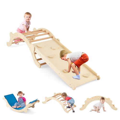 COSTWAY Kletterbogen mit Kissen, Kletterdreieck mit Rutsche Holz, 3 in 1 Klettergerüst Indoor zum Rutschen, Klettern und Wippen, inkl. umkehrbare Rampe & Kissen, für Kinder ab 1 Jahr (Natur) von COSTWAY