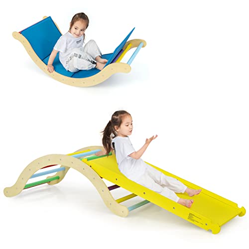 COSTWAY Kletterbogen mit Rutsche, Kletterdreieck Holz, 3 in 1 Klettergerüste Indoor zum Rutschen, Klettern und Wippen, inkl. umkehrbare Rampe & Kissen, für Kinder ab 1 Jahre (Bunt) von COSTWAY