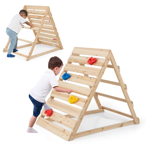 COSTWAY Kletterdreieck, Doppelseitiges Klettergerüst Indoor mit bunten Kletterfelsen und Kletterleitern aus Holz, Kletterspielzeug für Kinder von 3-8 Jahren, Natur von COSTWAY