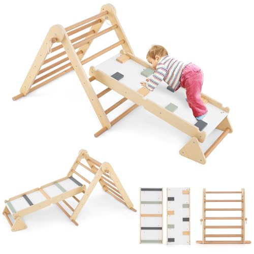 COSTWAY Klettergerüst Indoor, 3 in 1 Kletterdreieck & Kletterleiter & Wippe, Kletterdreieck klappbar, Sprossendreieck Holz mit doppelseitiger Rampe, Spielplatz Indoor für Kinder ab 3 Jahren von COSTWAY