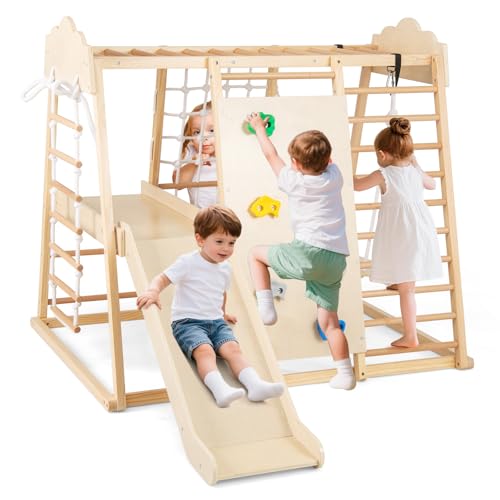 COSTWAY Klettergerüst Indoor, 8 in 1 Kletterdreieck & Schaukel & Kletternetz & Rutsche & Kletterfelsen & Affenstangen & Strickleiter & Plattform, Kinder Spielplatz Holz, für Kinder ab 3 Jahre (Natur) COSTWAY Klettergerüst Indoor, 8 in 1 Kletterdreieck & Schaukel & Kletternetz & Rutsche & Kletterfelsen & Affenstangen & Strickleiter & Plattform, Kinder Spielplatz Holz, für Kinder ab 3 Jahre (Natur) von COSTWAY