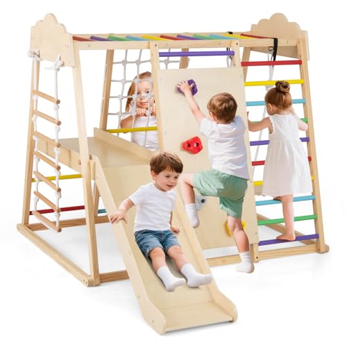 COSTWAY Klettergerüst Indoor, 8 in 1 Kletterdreieck & Schaukel & Kletternetz & Rutsche & Kletterfelsen & Affenstangen & Strickleiter & Plattform, Kinder Spielplatz Holz, für Kinder ab 3 Jahre (Bunt) COSTWAY Klettergerüst Indoor, 8 in 1 Kletterdreieck & Schaukel & Kletternetz & Rutsche & Kletterfelsen & Affenstangen & Strickleiter & Plattform, Kinder Spielplatz Holz, für Kinder ab 3 Jahre (Bunt) von COSTWAY