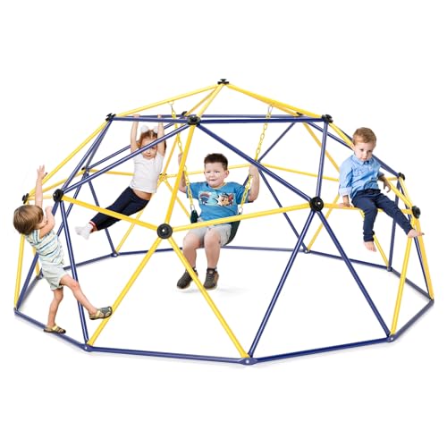 COSTWAY Kletterkuppel mit Schaukel, Ø 305cm Klettergerüst Outdoor groß, Kinder Spielplatz zum Schaukeln & Klttern, bis 363 kg Belastbar, für Kinder von 3 bis 12 Jahren (Blau + Gelb) von COSTWAY