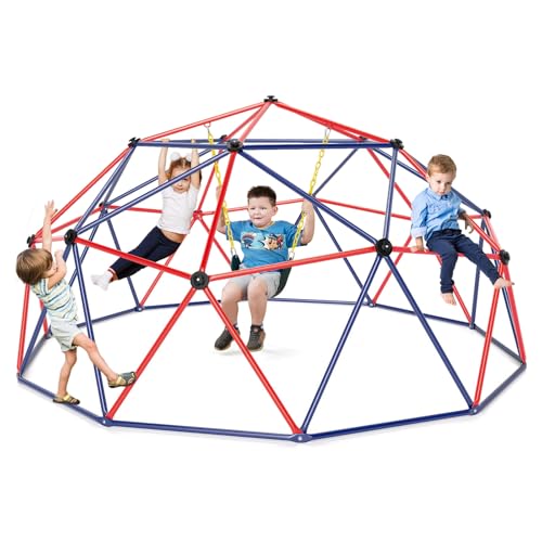 COSTWAY Kletterkuppel mit Schaukel, Ø 305cm Klettergerüst Outdoor groß, Kinder Spielplatz zum Schaukeln & Klttern, bis 363 kg Belastbar, für Kinder von 3 bis 12 Jahren (Blau + Rot) von COSTWAY