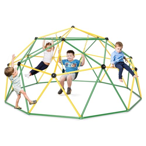 COSTWAY Kletterkuppel mit Schaukel, Ø 305cm Klettergerüst Outdoor groß, Kinder Spielplatz zum Schaukeln & Klttern, bis 363 kg Belastbar, für Kinder von 3 bis 12 Jahren (Grün + Gelb) von COSTWAY
