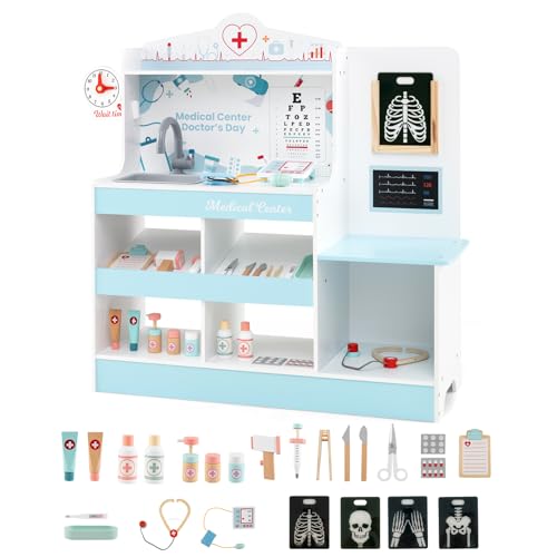 COSTWAY Krankenhaus Spielzeug, Doktor-Spielset Holz mit medizinischen Geräten & 24 Zubehör, inkl. Stethoskop & Blutdruckmessgerät & Spritze, Arzt-Rollenspiel für Kinder ab 3 Jahren (Blau) von COSTWAY