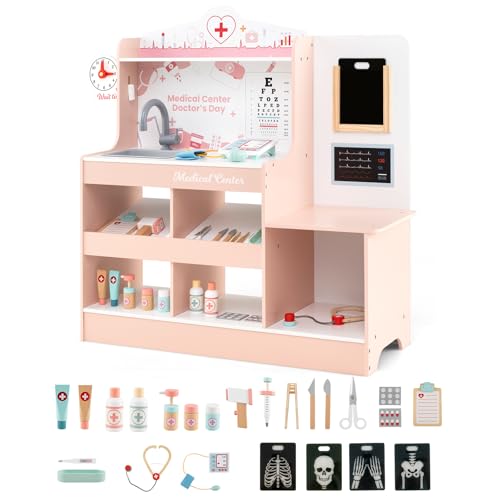 COSTWAY Krankenhaus Spielzeug, Doktor-Spielset Holz mit medizinischen Geräten & 24 Zubehör, inkl. Stethoskop & Blutdruckmessgerät & Spritze, Arzt-Rollenspiel für Kinder ab 3 Jahren (Rosa) von COSTWAY