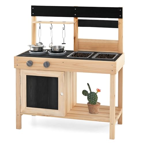 COSTWAY Matschküche Kinder Outdoor, Kinderküche Holz mit 11 Zubehör & Tafeln & 2 abnehmbaren Spülbecken, Spielküche Outdoor Küche für Kinder ab 2 Jahren von COSTWAY