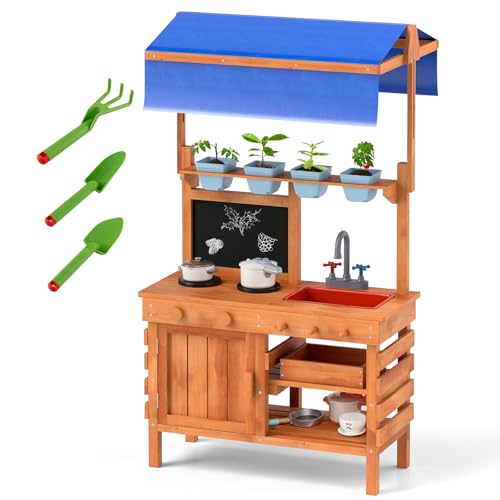 COSTWAY Matschküche Kinder Outdoor, Kinderküche Holz mit Sonnendach & Tafel & Pflanzbechern & Schaufeln, Spielküche mit Herd Spüle Schublade, Gartenküche Outdoor Küche für Kinder ab 3 Jahren COSTWAY Matschküche Kinder Outdoor, Kinderküche Holz mit Sonnendach & Tafel & Pflanzbechern & Schaufeln, Spielküche mit Herd Spüle Schublade, Gartenküche Outdoor Küche für Kinder ab 3 Jahren von COSTWAY