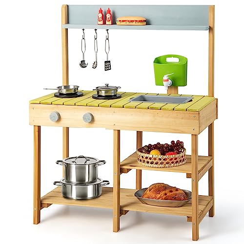 COSTWAY Matschküche Outdoor, Kinderküche Holz mit Wasserfunktion, Spielküche mit Haken & Abnehmbarem Regal, Gartenküche Geschenke für Kinder ab 3 Jahren (Modell 2) von COSTWAY