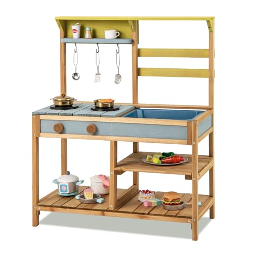 COSTWAY Matschküche Kinder Outdoor, Kinderküche Holz mit Wasserfunktion, Spielküche für Kinder mit Haken & abnehmbarem Regal, Gartenküche Geschenke für Kinder ab 3 Jahren (Natur) von COSTWAY