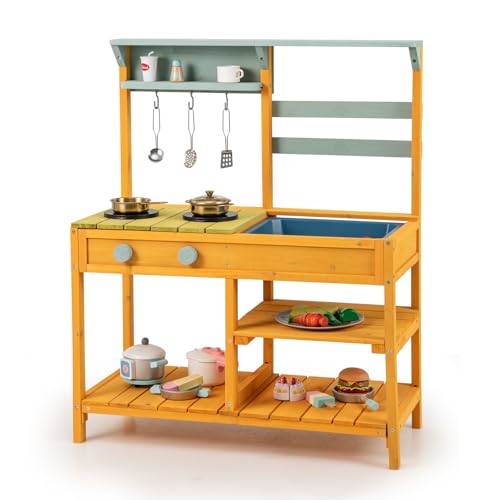 COSTWAY Matschküche Kinder Outdoor, Kinderküche Holz mit Spüle, Spielküche mit Haken & abnehmbarem Regal, Gartenküche Geschenke für Kinder ab 3 Jahren (Orange) von COSTWAY