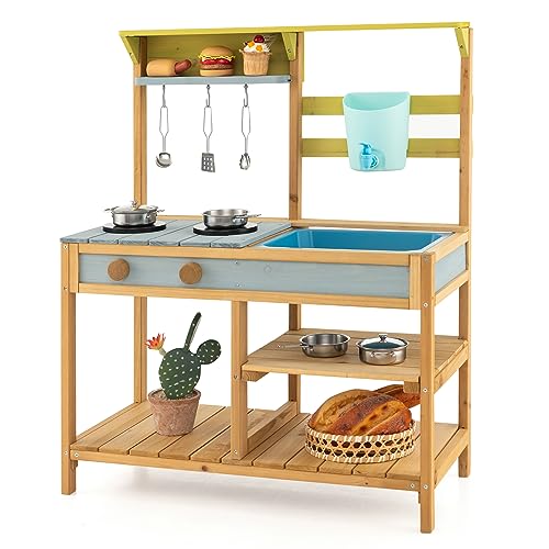 COSTWAY Matschküche Kinder Outdoor, Kinderküche Holz mit Wasserfunktion, Spielküche mit Haken & abnehmbarem Regal, Gartenküche Geschenke für Kinder ab 3 Jahren (Modell 1) von COSTWAY