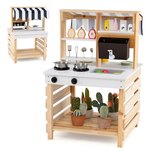 COSTWAY Matschküche Kinder Outdoor, Kinderküche Tannenholz mit Wasserfunktion, Doppelseitige Spielküche mit Dach & 6 Zubehör, Outdoorküche für Kinder ab 3 Jahren (Natur) von COSTWAY