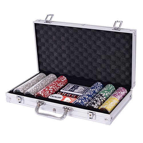 COSTWAY Pokerset Pokerkoffer 300 Laser-Chips Alukoffer inkl. Komplettset (Silber) von COSTWAY