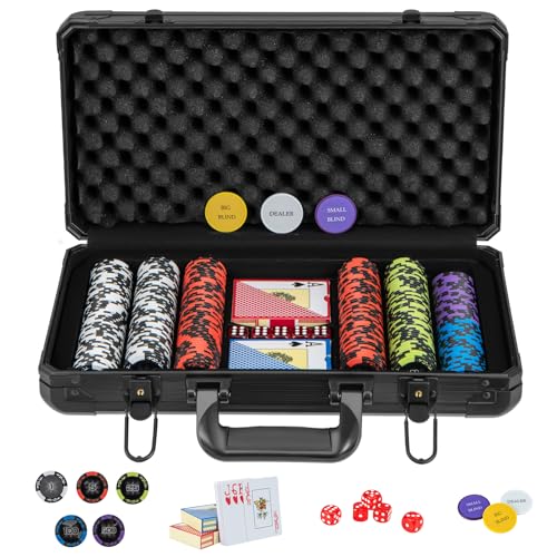 COSTWAY Pokerset mit 300 Laser-Chips, Pokerkoffer mit 2 Spielkarten, 5 Würfeln, 3 Händler-Chips &2 Schlüsseln, Aluminium Kasino Pokerkoffer abschließbar, Poker Komplett Set (300 pcs) von COSTWAY