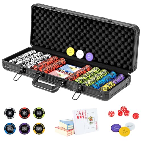 COSTWAY Pokerset mit 500 Laser-Chips, Pokerkoffer mit 2 Spielkarten, 5 Würfeln, 3 Händler-Chips &2 Schlüsseln, Aluminium Kasino Pokerkoffer abschließbar, Poker Komplett Set (500 pcs) von COSTWAY