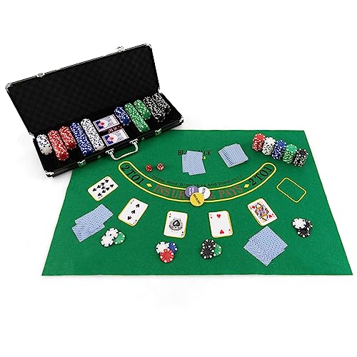 COSTWAY Pokerset mit 500 Laser-Chips | Pokerkoffer Alu | Pokerchips | Poker Komplett Set | Pokerkoffer mit Tuch /2 Pokerdecks (Schwarz) von COSTWAY