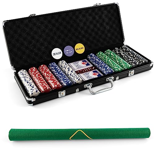 COSTWAY Pokerset mit 500 Laser-Chips | Pokerkoffer Alu | Pokerchips | Poker Komplett Set | Pokerkoffer mit Tuch /2 Pokerdecks (Schwarz) von COSTWAY