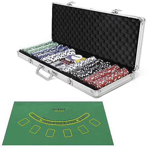 COSTWAY Pokerset mit 500 Laser-Chips | Pokerkoffer Alu | Pokerchips | Poker Komplett Set | Pokerkoffer mit Tuch /2 Pokerdecks von COSTWAY
