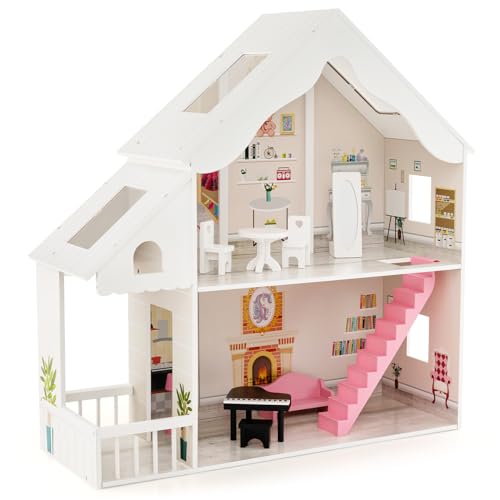 COSTWAY Puppenhaus Holz, 2 stöckige Puppenstube mit Zubehör & Möbeln, Dollhouse Spielzeug für 28-36 cm Puppen, für Kinder ab 3 Jahre von COSTWAY