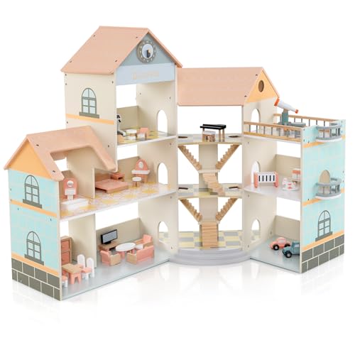COSTWAY Puppenhaus Holz, Dollhouse 94 cm Hoch mit 41 Möbelstücken und Zubehör, Puppenvilla mit 6 Zimmern & Terrasse & Garage, Puppenstube Geschenk für Kinder ab 3 Jahren von COSTWAY