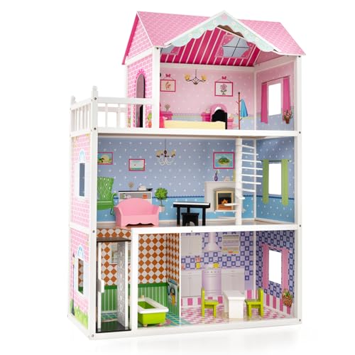 COSTWAY Puppenhaus Holz, Puppenstube mit Möbeln & Zubehör, 3 stöckiges Dollhouse Spielzeug, Puppenvilla 114 cm hoch, für Kinder ab 3 Jahren von COSTWAY