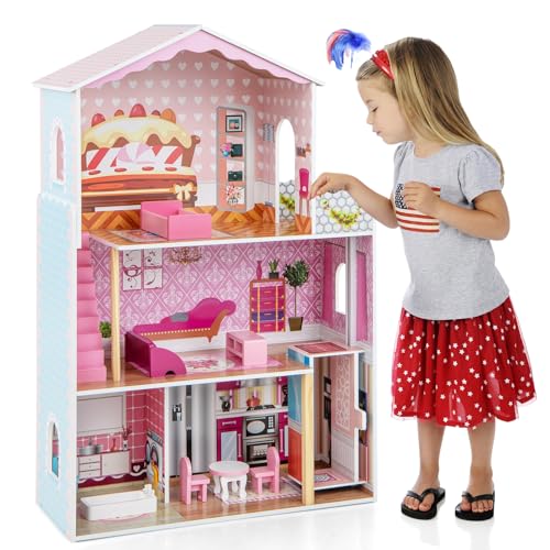 COSTWAY Puppenhaus Holz, Puppenstube mit Zubehör & Möbeln, 3 stöckiges Dollhouse Spielzeug mit Balkon, Puppenvilla 108 cm hoch, für Kinder ab 3 Jahren von COSTWAY