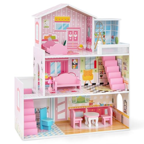 COSTWAY Puppenhaus aus Holz, Puppenstube mit 3 Etagen & 10 Möbel & 5 Zimmern, Traumhaus für Mädchen, Puppenvilla Dollhouse Spielzeug für Kinder ab 3 Jahren von COSTWAY