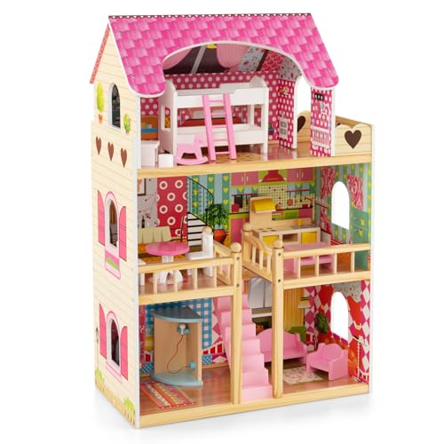 COSTWAY Puppenhaus aus Holz, Puppenstube mit 3 Etagen & 15 Möbel & 6 Zimmern, Traumhaus für Mädchen, Puppenvilla Dollhouse Spielzeug für Mädchen ab 3 Jahren von COSTWAY